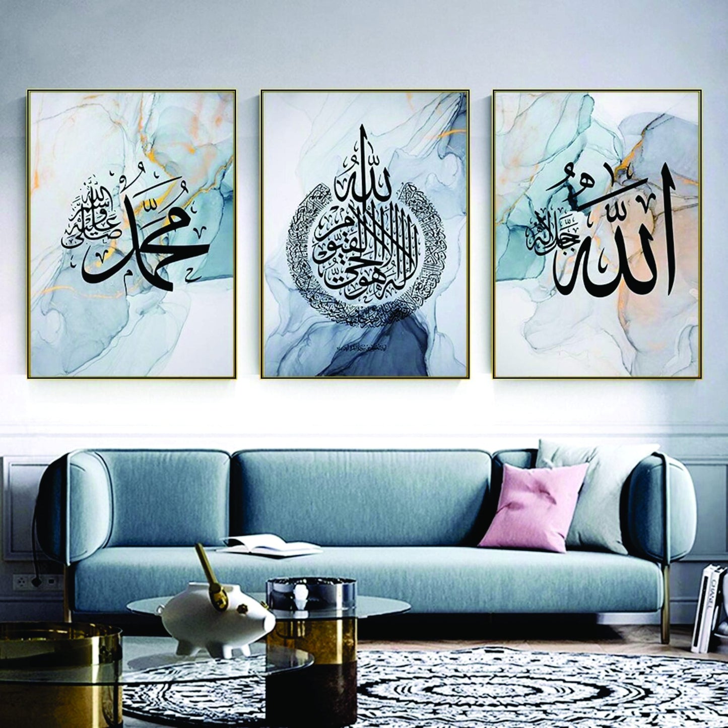 3 MARBLE BLUE ISLAMIC WALL ART MODERN ARABIC CALLIGRAPHY – ISLAMIC WALL DECOR