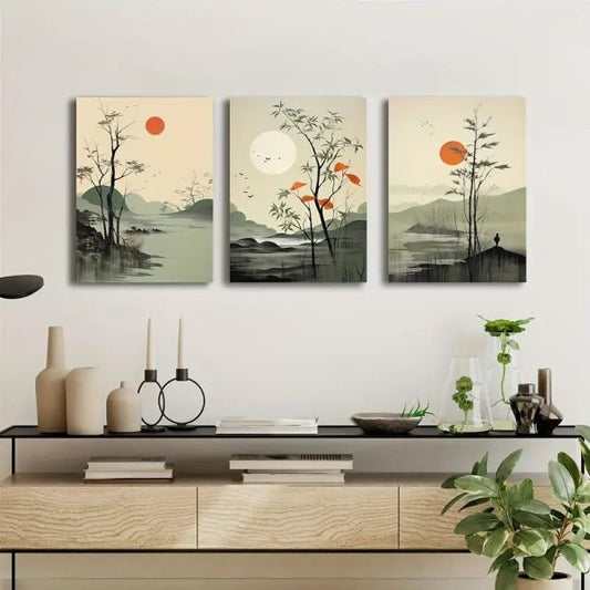 3PCS WALL ART SET – MODERN CLASSIC STYLE PAINTED SCENES, WOOD MDF PHOTO TILE FRAME ORIENTATION FOR LIVING ROOM, BEDROOM, HOME OFFICE